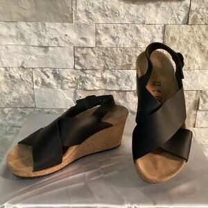 Papillio Black Cross-Strap Wedge Sandals